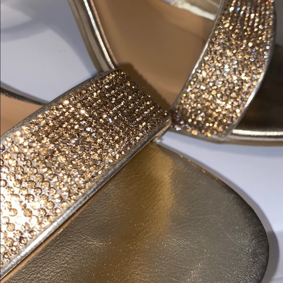 BAMBOO Gold Strappy Rhinestone Chunky Heels - Picture 3 of 9